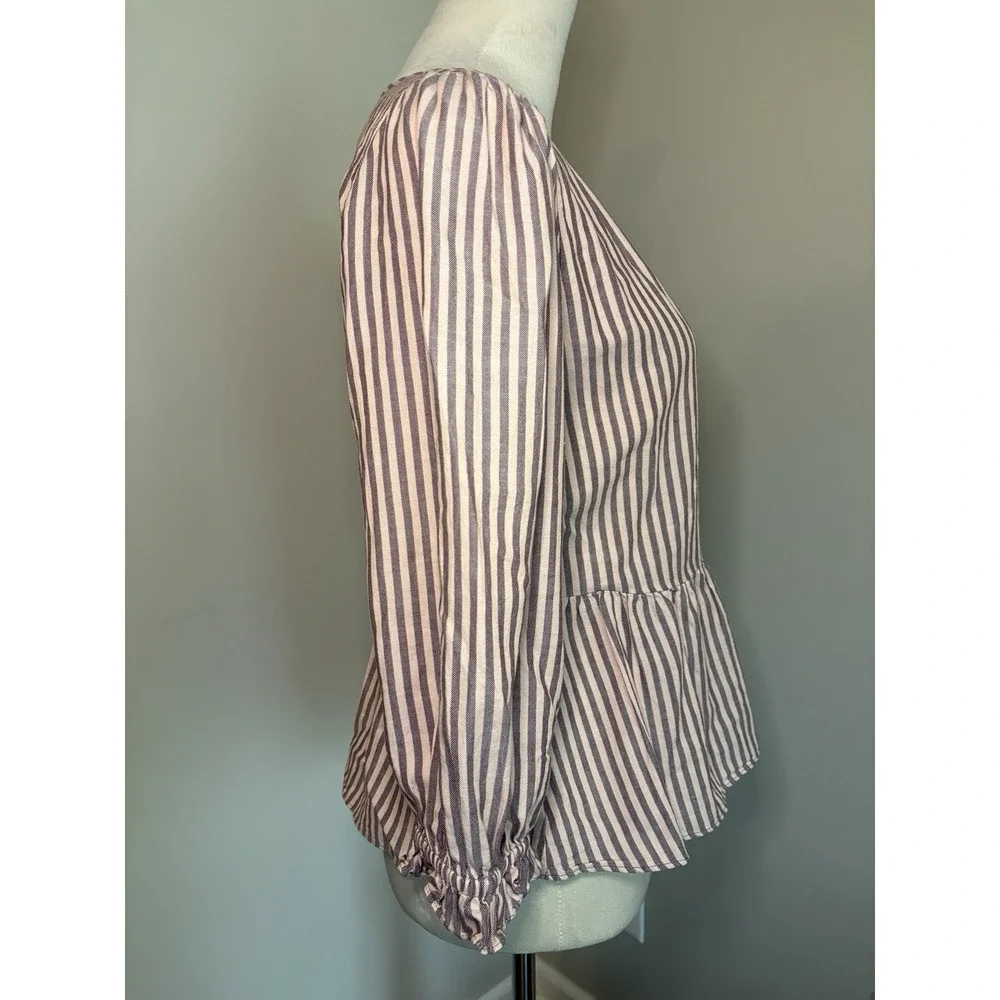 Madewell Pink Stripe Wrap Blouse Sweet Tulip Top 3/4 Puff Sleeve Tie Waist XS